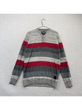 Y2K Rebellion Henley Knit Long Sleeve Men Sz L Gray / Red Striped Grunge 2000's